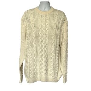 H&M Sweater Crewneck Cable Knit Pullover Cream Mens Size L 5% Wool Relaxed Fit